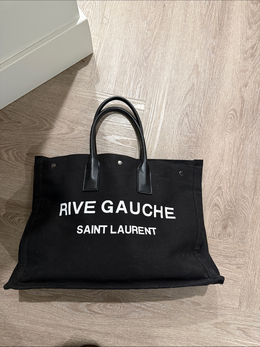 Saint Laurent Rive Gauche Black Canvas Tote with White Logo